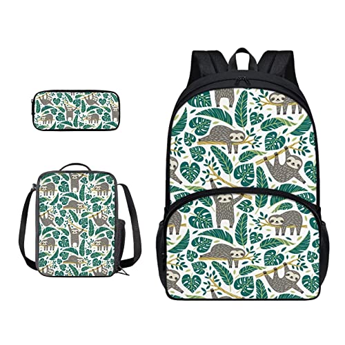 SJOAOAA Schüler-Rucksack mit Lunchtasche für Schule, Büchertaschen, Federmäppchen, Kinder, Schulranzen-Set 3-in-1, Junior-Tasche, Wanderrucksack, Faultiergrünes Blatt, Einheitsgröße, Taschen-Organizer von SJOAOAA