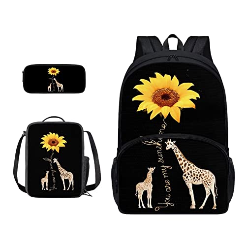 SJOAOAA Schüler-Rucksack mit Lunchtasche für Schule, Büchertaschen, Federmäppchen, Kinder, Schulranzen-Set 3-in-1, Junior-Tasche, Wanderrucksack, Giraffe und Sonnenfluss, Einheitsgröße, von SJOAOAA