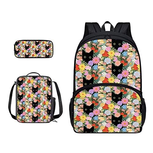 SJOAOAA Schüler-Rucksack mit Lunchtasche für Schule, Büchertaschen, Federmäppchen, Kinder, Schulranzen-Set 3-in-1, Junior-Tasche, Wanderrucksack, Katzen und buntes Fl, Einheitsgröße, Taschen-Organizer von SJOAOAA