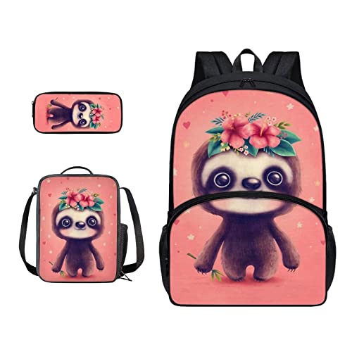 SJOAOAA Schüler-Rucksack mit Lunchtasche für Schule, Büchertaschen, Federmäppchen, Kinder, Schulranzen-Set 3-in-1, Junior-Tasche, Wanderrucksack, Pink Faultier, Einheitsgröße, Taschen-Organizer von SJOAOAA