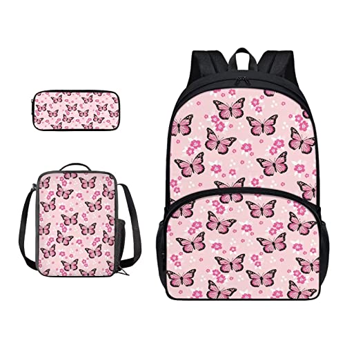 SJOAOAA Schüler-Rucksack mit Lunchtasche für Schule, Büchertaschen, Federmäppchen, Kinder, Schulranzen-Set 3-in-1, Junior-Tasche, Wanderrucksack, Rosa Schmetterlinge Flo, Einheitsgröße, von SJOAOAA