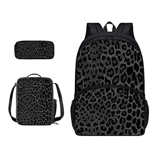 SJOAOAA Schüler-Rucksack mit Lunchtasche für Schule, Büchertaschen, Federmäppchen, Kinder, Schulranzen-Set 3-in-1, Junior-Tasche, Wanderrucksack, Schwarz Leopard, Einheitsgröße, Taschen-Organizer von SJOAOAA