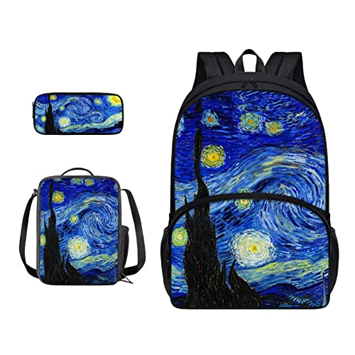 SJOAOAA Schüler-Rucksack mit Lunchtasche für Schule, Büchertaschen, Federmäppchen, Kinder, Schulranzen-Set 3-in-1, Junior-Tasche, Wanderrucksack, Van Gogh Sternennacht, Einheitsgröße, von SJOAOAA