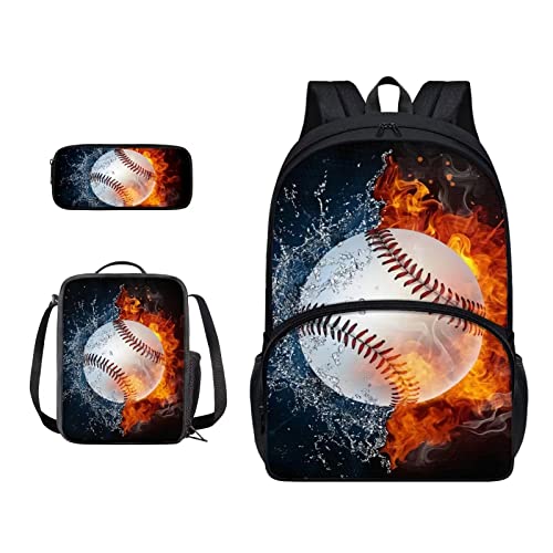 SJOAOAA Schüler-Rucksack mit Lunchtasche für Schule, Büchertaschen, Federmäppchen, Kinder, Schulranzen-Set 3-in-1, Junior-Tasche, Wanderrucksack, Wasserfeuer Baseball, Einheitsgröße, Taschen-Organizer von SJOAOAA