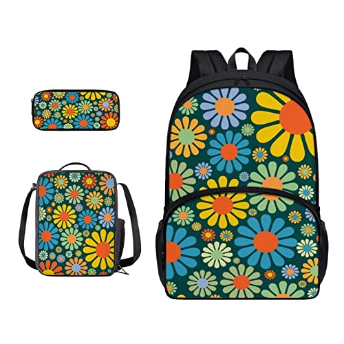 SJOAOAA Schulranzen und Lunchbox-Set für Teenager, Jungen, Grundschule, Büchertasche, Federmäppchen für Grundschule, Mittelkinder, Rucksack, Hippie-Blumen, Einheitsgröße, Taschen-Organizer von SJOAOAA