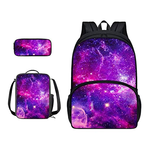 SJOAOAA Schulranzen und Lunchbox-Set für Teenager, Jungen, Grundschule, Büchertasche, Federmäppchen für Grundschule, Mittelkinder, Rucksack, Lila Galaxy, Einheitsgröße, Taschen-Organizer von SJOAOAA