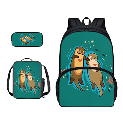 SJOAOAA Schulranzen und Lunchbox-Set für Teenager, Jungen, Grundschule, Büchertasche, Federmäppchen für Grundschule, Mittelkinder, Rucksack, Otter, Einheitsgröße, Taschen-Organizer von SJOAOAA