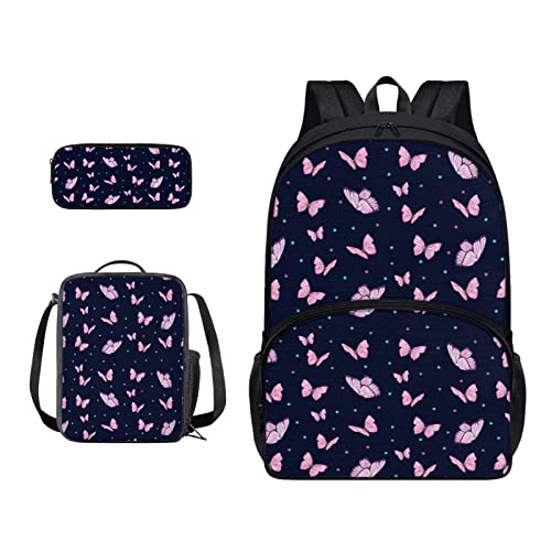 SJOAOAA Schulranzen und Lunchbox-Set für Teenager, Jungen, Grundschule, Büchertasche, Federmäppchen für Grundschule, Mittelkinder, Rucksack, Schmetterlinge, Punkte, Einheitsgröße, Taschen-Organizer von SJOAOAA