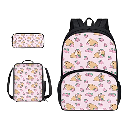 SJOAOAA Schulranzen und Lunchbox-Set für Teenager, Jungen, Grundschule, Büchertasche, Federmäppchen für Grundschule, Mittelkinder, Rucksack, Strawberry Guinea Pi, Einheitsgröße, Taschen-Organizer von SJOAOAA