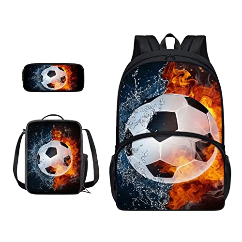 SJOAOAA Schulranzen und Lunchbox-Set für Teenager, Jungen, Grundschule, Büchertasche, Federmäppchen für Grundschule, Mittelkinder, Rucksack, Wasserfeuer-Fußball, Einheitsgröße, Taschen-Organizer von SJOAOAA