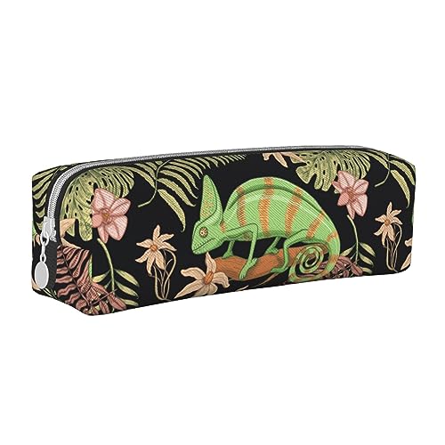 SJOAOAA Sommer Tropische Blumen Chamäleon Eidechse Bleistift Fall Beutel Stifthalter Leder Bleistift Taschen Box Organizer Reißverschluss Kosmetik Make-up Aufbewahrungstasche, Siehe Abbildung, von SJOAOAA