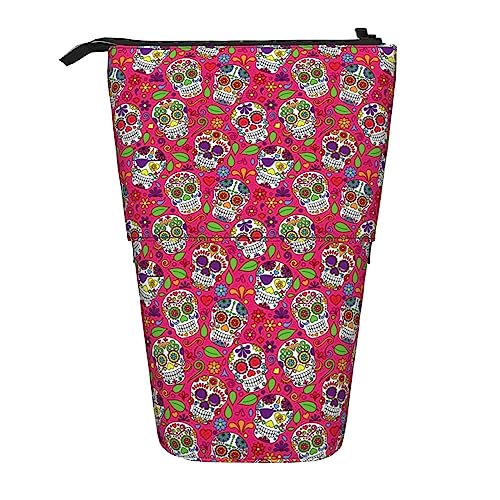 SJOAOAA Sugar Skull Pencil Case Teleskop Schreibwaren Stift Pouch Stand Up Pencil Pouch Pencil Cup mit Reißverschluss Pencil Bag, Schwarz , Einheitsgröße, Stehendes Federmäppchen von SJOAOAA