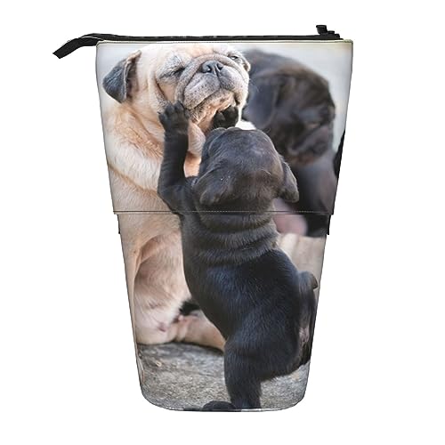 SJOAOAA Teleskop Federmäppchen Bleistift Tasche Stand Up Cute Pet Mops Print Bleistift Halter Stifteetui Kosmetiktasche mit Reißverschluss für Männer Frauen, Schwarz , Einheitsgröße, Stehendes von SJOAOAA