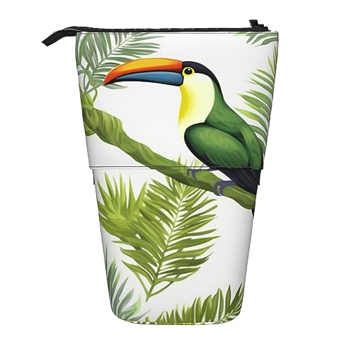 SJOAOAA Teleskop Federmäppchen Bleistift Tasche Stand Up Grün Palmblätter und Vogel Print Bleistifthalter Stifteetui Kosmetiktasche mit Reißverschluss für Männer Frauen, Schwarz , Einheitsgröße, von SJOAOAA