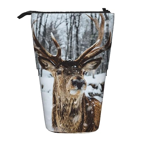 SJOAOAA Teleskop Federmäppchen Bleistift Tasche Stand Up Hirsch im Winter Wald Print Bleistifthalter Stifteetui Kosmetiktasche mit Reißverschluss für Männer Frauen, Schwarz , Einheitsgröße, Stehendes von SJOAOAA