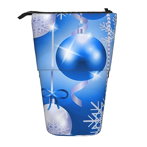 SJOAOAA Teleskop Federmäppchen Bleistift Tasche Stand Up Weihnachten Blau Kugeln Print Bleistifthalter Stifteetui Kosmetiktasche mit Reißverschluss für Männer Frauen, Schwarz , Einheitsgröße, von SJOAOAA