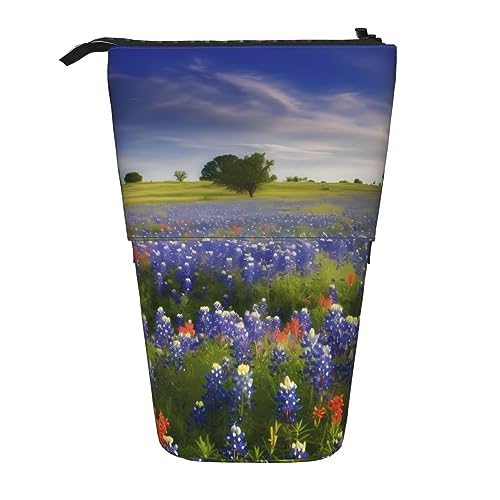 SJOAOAA Texas Bluebonnets Scenery Stehendes Federmäppchen, niedliches Stifteetui, Teleskop-Schreibwaren-Tasche, Make-up-Kosmetiktasche für Frauen Büro, Schwarz , Einheitsgröße, Stehendes Federmäppchen von SJOAOAA