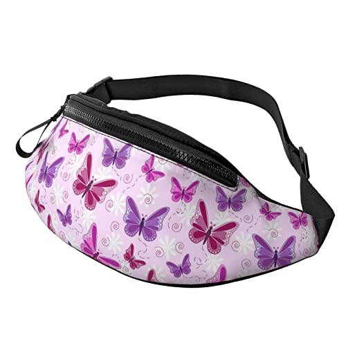 Schwarze Schmetterling-Hüfttasche/Bauchtasche/Bauchtasche/Outdoor Sport und Freizeit Messenger BagCrossbody Brusttasche für Damen und Herren, Rosa und lila Schmetterling, Einheitsgröße von SJOAOAA