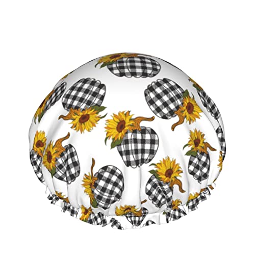 Sonnenblumen Plaid Kürbis Duschhaube für Frauen, Schichten Baden Dusche Wiederverwendbares Gummiband Stretch Saum Haar Hut von SJOAOAA