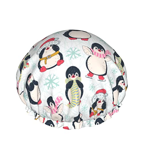 Süße Pinguine Duschhaube für Frauen, Schichten Baden Dusche Wiederverwendbares Gummiband Stretch Saum Haar Hut von SJOAOAA
