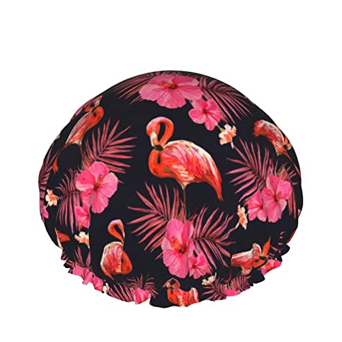 Tropische Palmblatt-Flamingo-Duschhaube für Frauen, Schichten, Baden, Dusche, wiederverwendbar, elastisches Band, Stretch-Saum, Haarhut von SJOAOAA