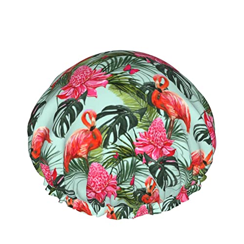 Tropische Palmenblätter, Flamingo-Blumen, Duschhaube für Frauen, Schichten, Baden, Dusche, wiederverwendbar, elastisches Band, Stretch-Saum, Haarhut von SJOAOAA