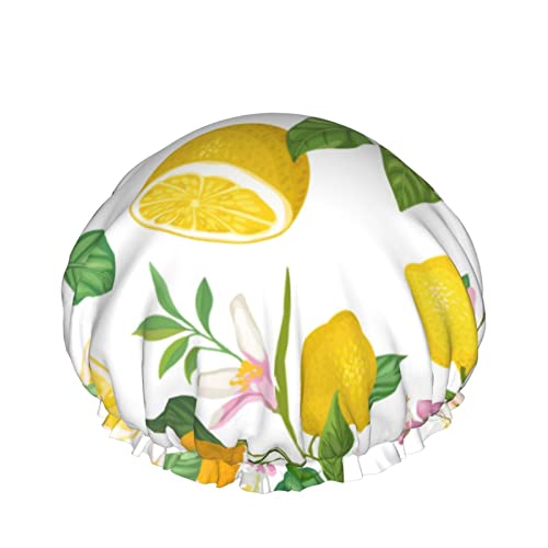 Wassergemalte gelbe Zitrone und Blumen-Duschhaube für Frauen, Schichten, Baden, Dusche, wiederverwendbares elastisches Band, Stretch-Saum-Haarhut von SJOAOAA