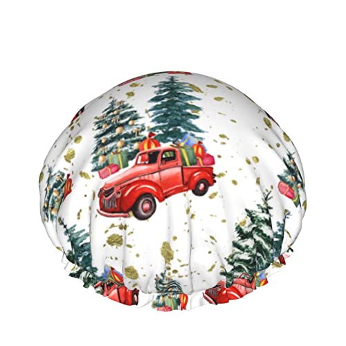 Weihnachten Retro LKW und Weihnachtsbaum Duschhaube für Frauen, Schichten Baden Dusche Wiederverwendbare Gummiband Stretch Hem Haar Hut von SJOAOAA