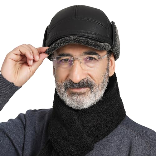 SJTJSPX Baseballkappe Herren Wintermütze Warm Schirmmütze mit Ohrenklappen Outdoor Baseball Cap Dicke Baseballmütze Hut Leder Winddicht Snapback Cap für Alte Menschen Camping Reisen Radfahren von SJTJSPX