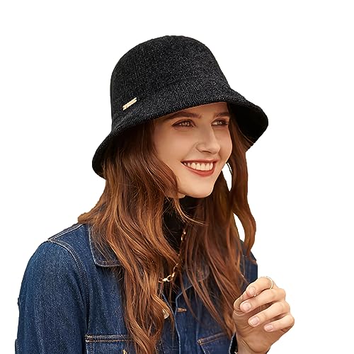 SJTJSPX Fischerhüte Warme Wintermütze Damen Mädchen Glockenhut Kuppel Strickmütze Verdickt Bucket Hat Mode Elegant Damenmütze Outdoor Herbst Filzhut Freizeit Faltbar Wollhut für Reisen Kirche von SJTJSPX