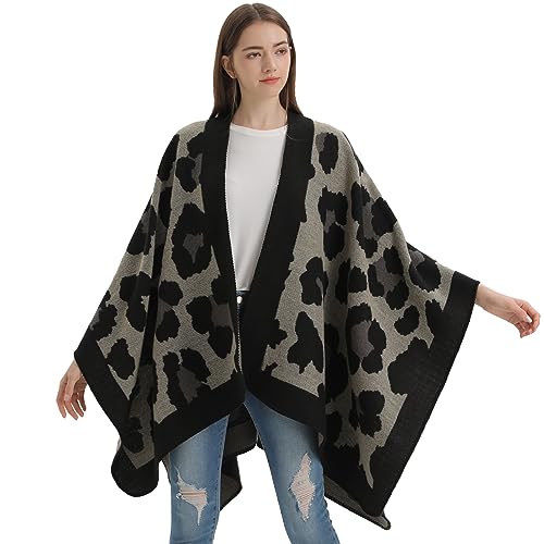 SJTJSPX Poncho Damen Wrap Schal Vintage Open Front Umhang Strick Cape Warm Mäntel Elegant Decke Leopardenmuster Strickdecke Weich Sofadecke Herbst Winter Wohndecke Frauen Poncho für Reisen Freizeit von SJTJSPX