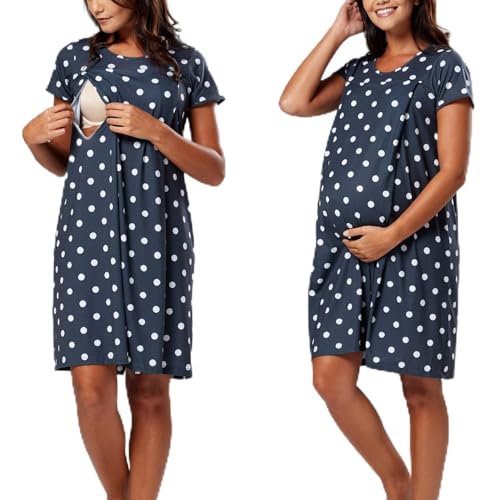 SJTJSPX Stillnachthemd Damen Baumwolle Nachthemd Schwangere Umstandsnachthemd Bequeme Kurz Geburtskleid mit Knöpfen Umstandskleid Kurzarm Schwangerschaft Stillfunktion Krankenhaus Stillpyjama von SJTJSPX