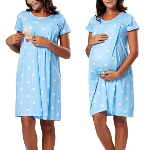 SJTJSPX Stillnachthemd Damen Baumwolle Nachthemd Schwangere Umstandsnachthemd Bequeme Kurz Geburtskleid mit Knöpfen Umstandskleid Kurzarm Schwangerschaft Stillfunktion Krankenhaus Stillpyjama von SJTJSPX