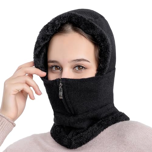 Strickmütze Damen Mädchen Balaclava 2 in 1 Winterhüte Schal Set Warm Beanie Mütze mit Ohrenschutz Winddicht Sturmhaube Outdoor Verdickt Skimütze für Snowboarden Radfahren Skating von SJTJSPX