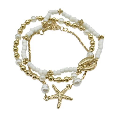 SJUIEO 3-teiliges verstellbares goldenes Fußkettchen-Set im böhmischen Stil – Strand-Fußschmuck im Hawaii-Stil mit Perlenscheibe, Seestern, Muschelanhänger | Bohemian Sommer Damen Fußkettchen von SJUIEO