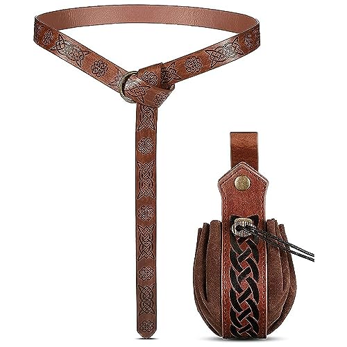 SJUNJIE Wikinger-Gürtel-Set,Mittelalterliche Kunstledertasche mit Kordelzug,Mittelalter Gürtel,Mittelalter Gürtel mit Beutel Eignen Sich für Cosplay, Zaubererkostümzubehör und Halloween-Partys von SJUNJIE