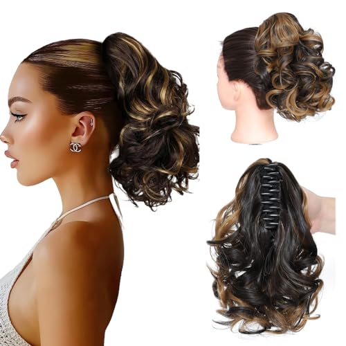 Gewellte Klaue Clip auf Pferdeschwanz Haarverlängerungen Lockiger Clip in Pferdeschwanz Verlängerung Kiefer Clip Pferdeschwanz Haarteile für Frauen Mädchen Fake (10inch/25cm, 4AH27) von SJZDYLXY