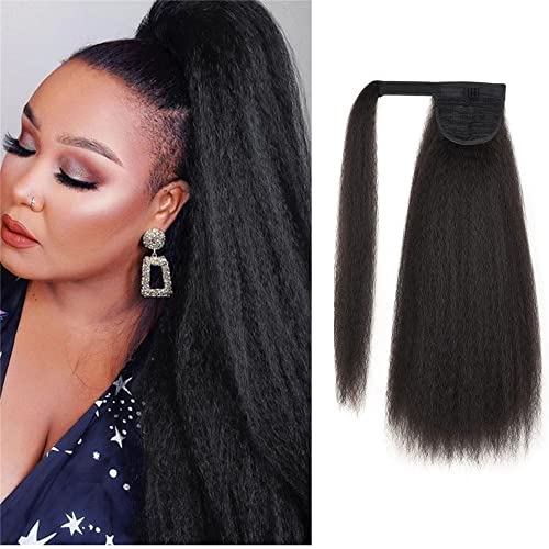 Kinky Straight Wrap Around Ponytail Extensions Clip in Yaki Straight Haarteile Magic Paste Langer Pferdeschwanz für Frauen Mädchen (20INCH, 1B) von SJZDYLXY