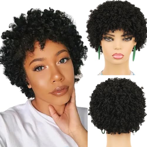 Kurze Afro-Perücke, kleine lockige Kunsthaarperücke, kurze Afro-Perücke für schwarze Frauen, Haarersatzperücke, schwarz, für Party Dating von SJZDYLXY