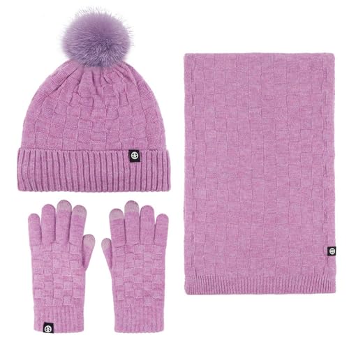 SK Studio Damen Winter Warm Mütze Touchscreen Handschuhe und Lang Schal Set, Thermo Wintermütze Strickmütze Beanie Schals Winterhandschuhe Strickhandschuhe, Lila von SK Studio