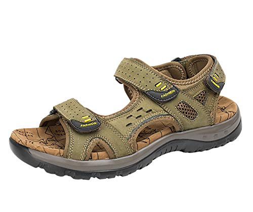 SK Studio Herren Leder Strand Sandalen Atmungsaktiv Trekkingsandalen Outdoor Sandale Wasserfest Khaki grün 38 EU von SK Studio