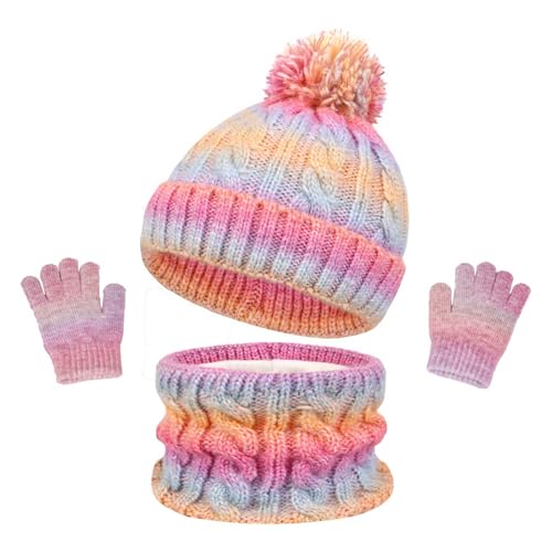 SK Studio Kinder Wintermütze Schal Handschuhe Mädchen Set Warme Winter Beanie Hut Handschuhe runder Schal Set für 3-10 Jahre Jungen Mädchen, bunt von SK Studio