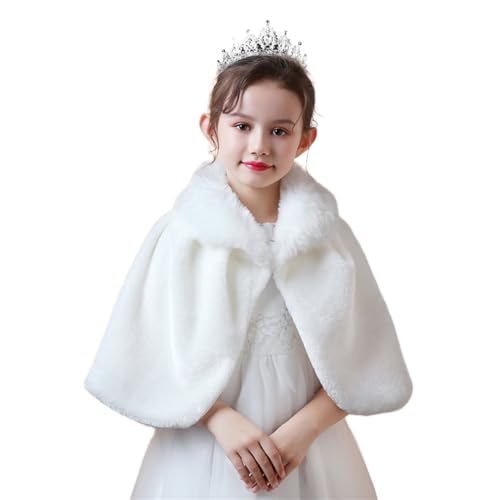 SK Studio Mädchen Kunstpelz Bolero Jacke Shrug Langarm Prinzessin Cape Mantel Blumenmädchen Achselzucken für Weihnachten Geburtstag Party Weiß, 11-12 Jahre von SK Studio