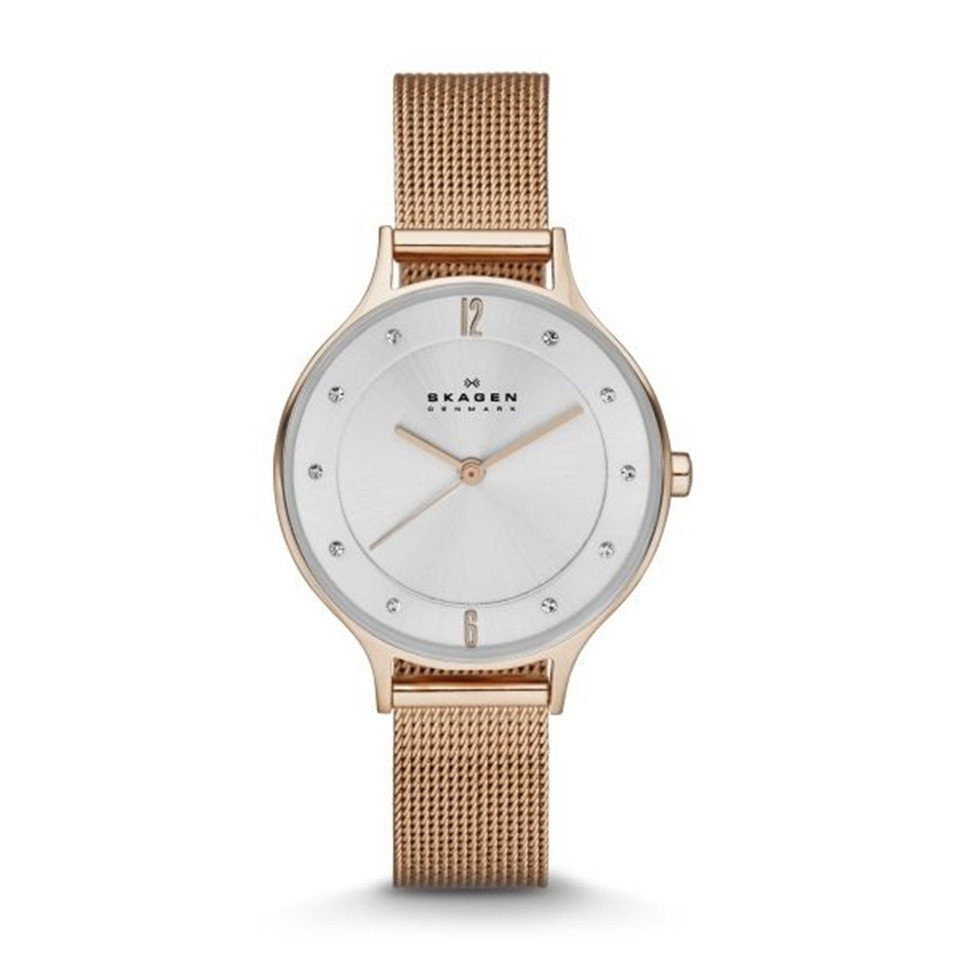 SKAGEN Quarzuhr SKAGEN Damenuhr "Anita" Edelstahl roségoldfarben silber Glassteine von SKAGEN