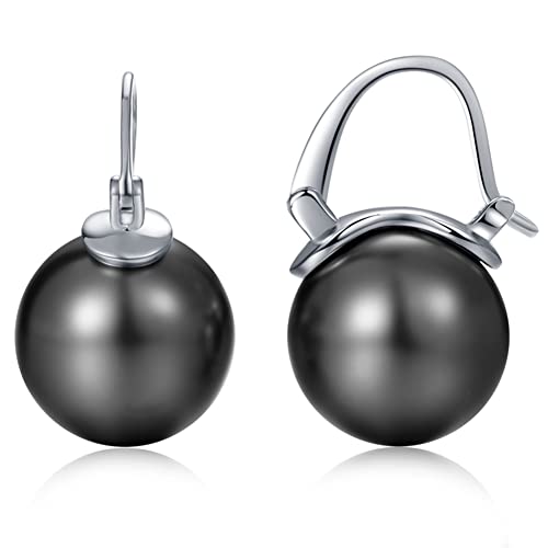 SKAIJEWEL Ohrringe Silber 925 12mm Große Runde Perle Ohrring Set 18k Weißgold überzogene Hypoallergene Französische Schnalle Faux Perle Kleine Hoop Ohrringe für Frauen Damen (Black) von SKAIJEWEL