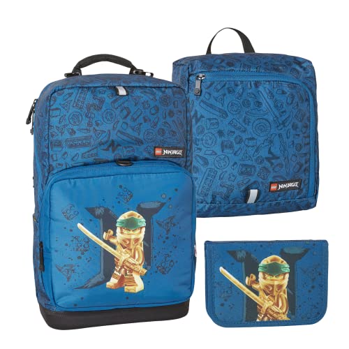 LEGO® - Optimo Plus Jungen Schulranzenset mit CE-zertifizertem Federmappeninhalt & montierbarem Turnbeutel - NINJAGO, Gold/Blue - Großes Hauptfach - Verstellbare Brustriemen - 5-8 Jahre von SKANDO BAGS