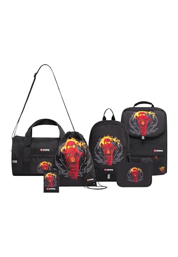 SKANDO BAGS Lego Ninjago Schulranzen Set Jungen & Mädchen ab 1. Klasse - 6-Teilig - Schulrucksack, Federmappe (Gefüllt), Turnbeutel, Kleinerer Rucksack, Geldbörse und Sporttasche, Rot von SKANDO BAGS