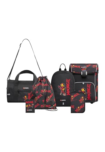 SKANDO BAGS Lego Ninjago Schulranzen Set Jungen & Mädchen ab 1. Klasse - 6-Teilig - Schulrucksack, Federmappe (Gefüllt), Turnbeutel, Kleinerer Rucksack, Geldbörse und Sporttasche, Rot von SKANDO BAGS
