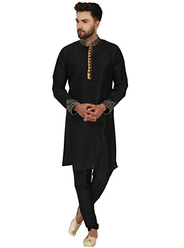 SKAVIJ Art Silk Kurta Pyjama für Herren Indian Festival Anzug (Schwarz, L) von SKAVIJ