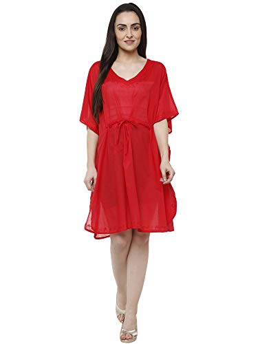 SKAVIJ Damen Tunika Baumwolle Kaftan Strandbezug Sommer Kleid (freie Größe, Rot) von SKAVIJ